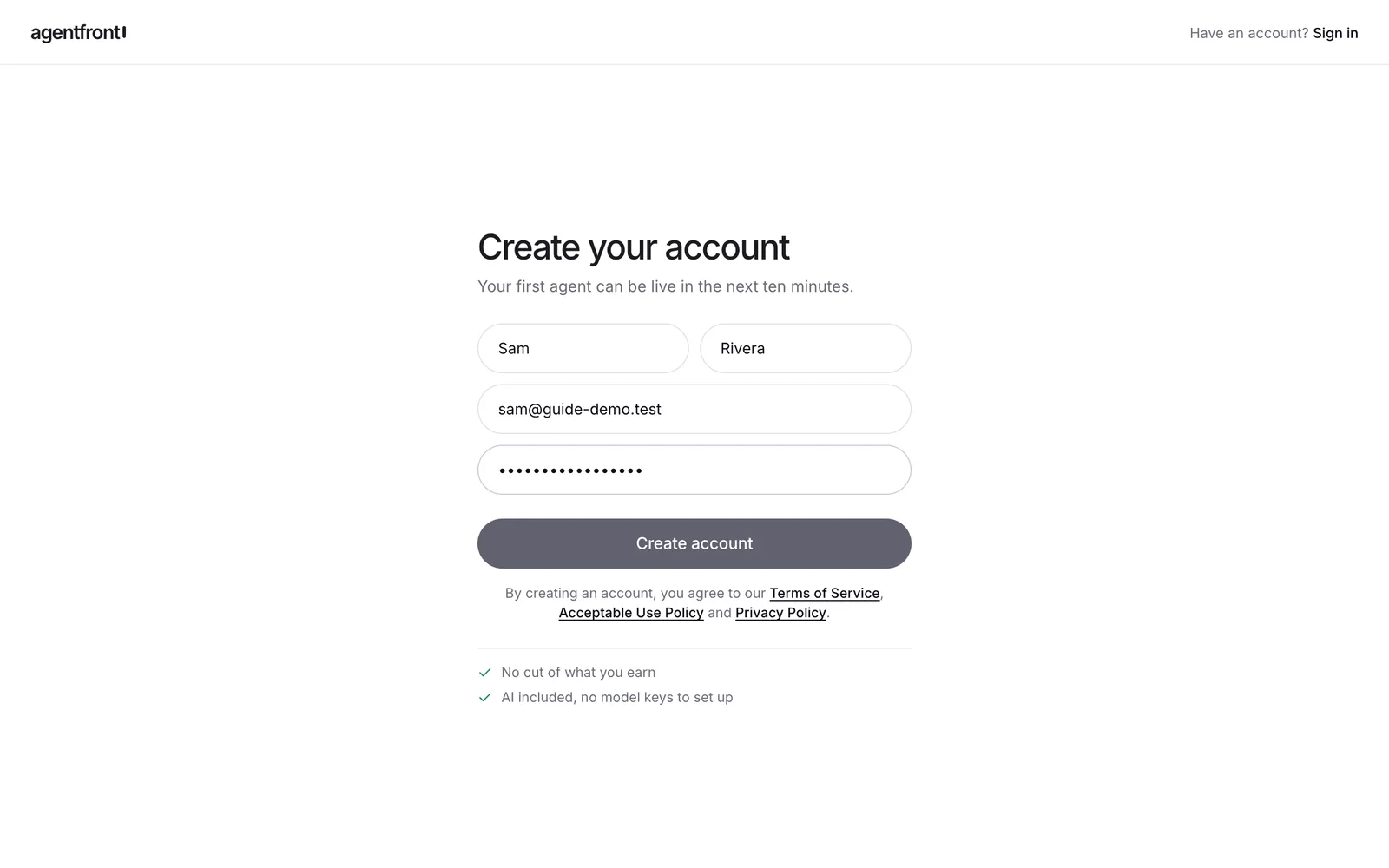 The AgentFront sign-up form