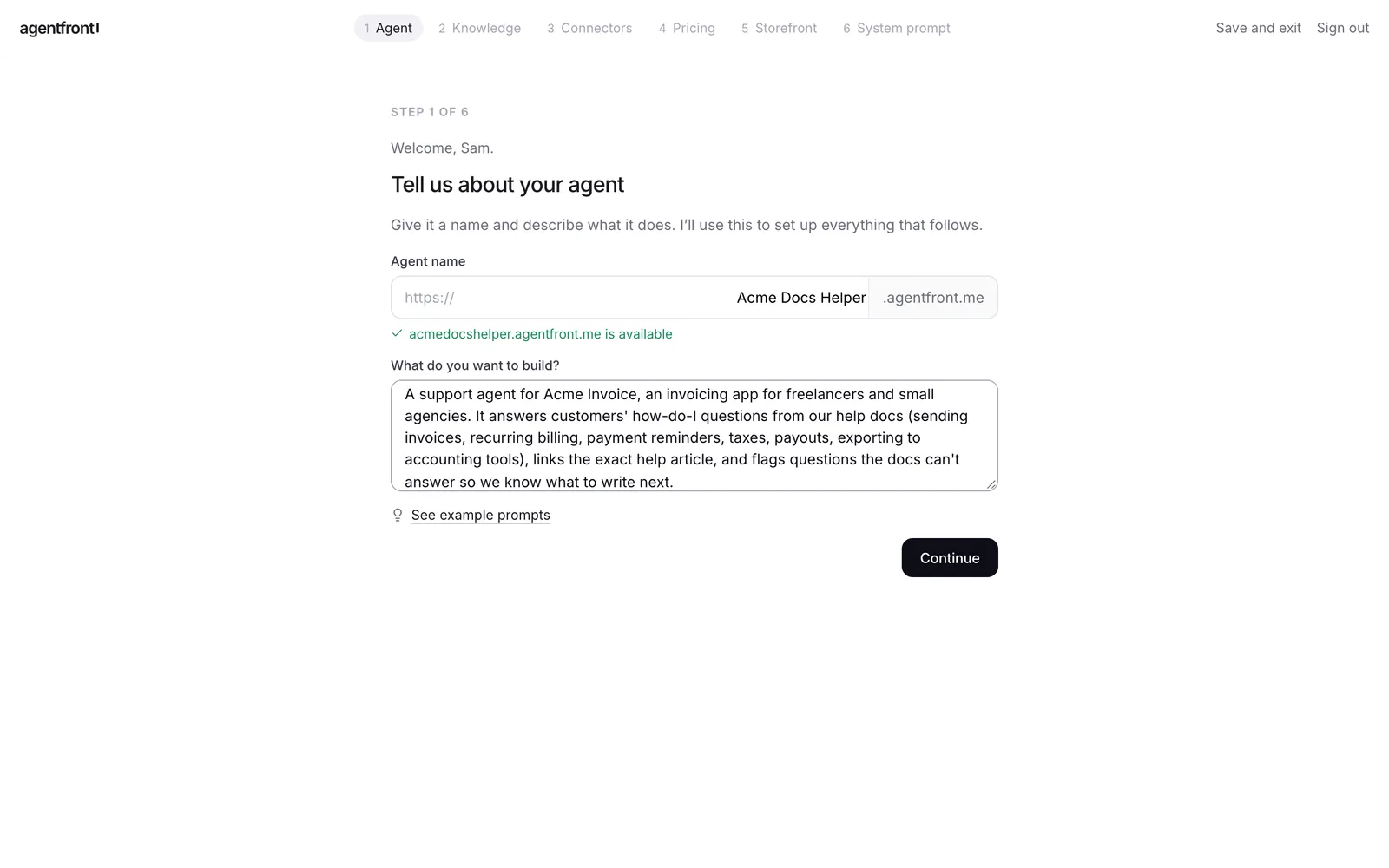 Step 1: the agent's name, its address, and a description of the job
