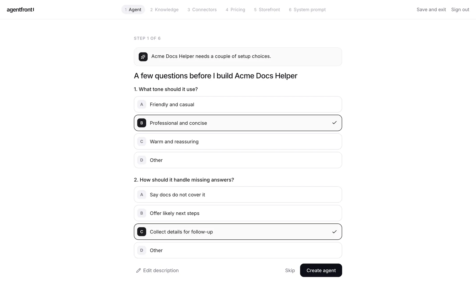 Two setup questions: tone, and how to handle missing answers