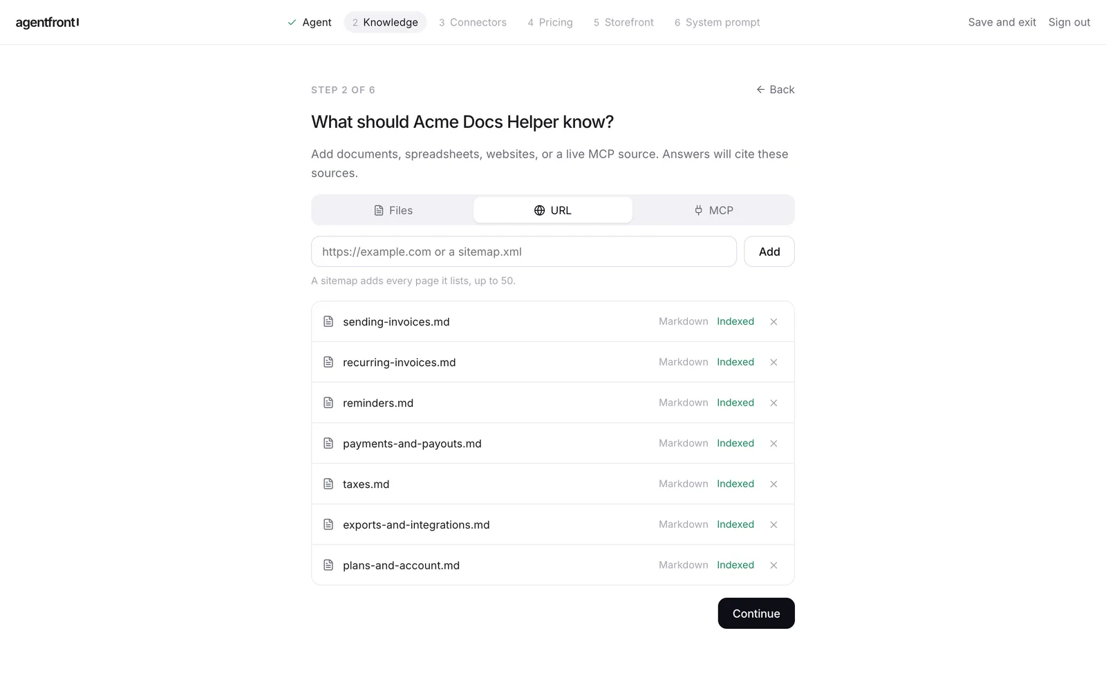 Step 2: seven help articles uploaded and indexed, with the URL option open