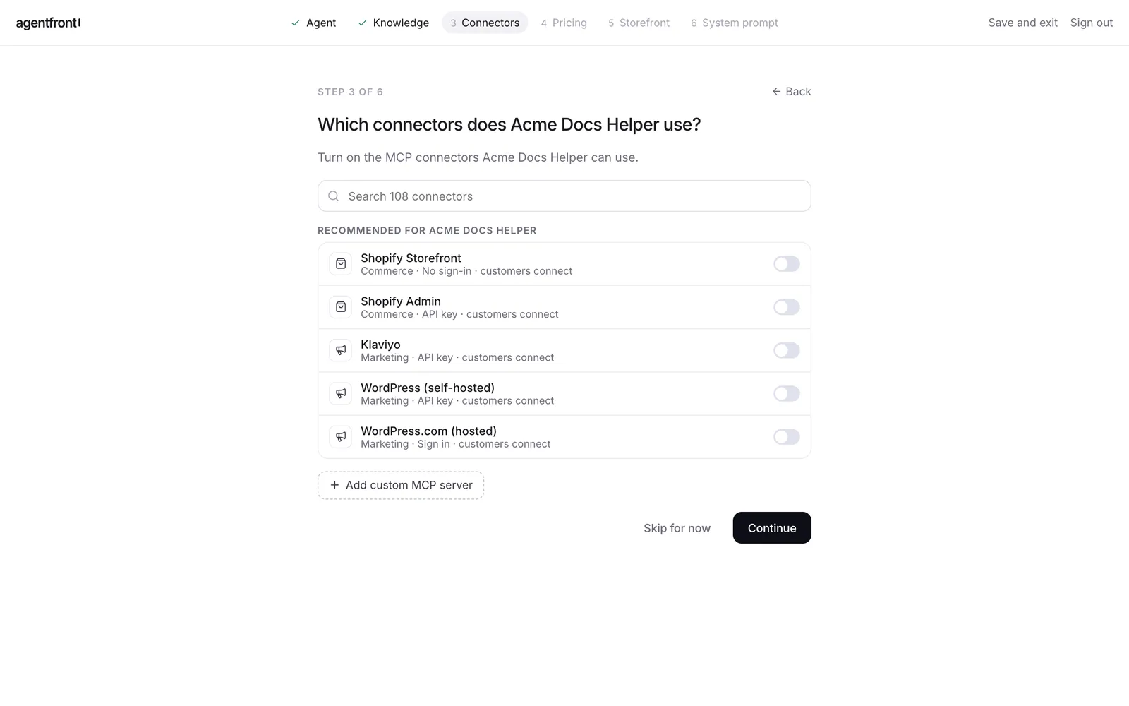 Step 3: connectors, skipped for a docs-only agent