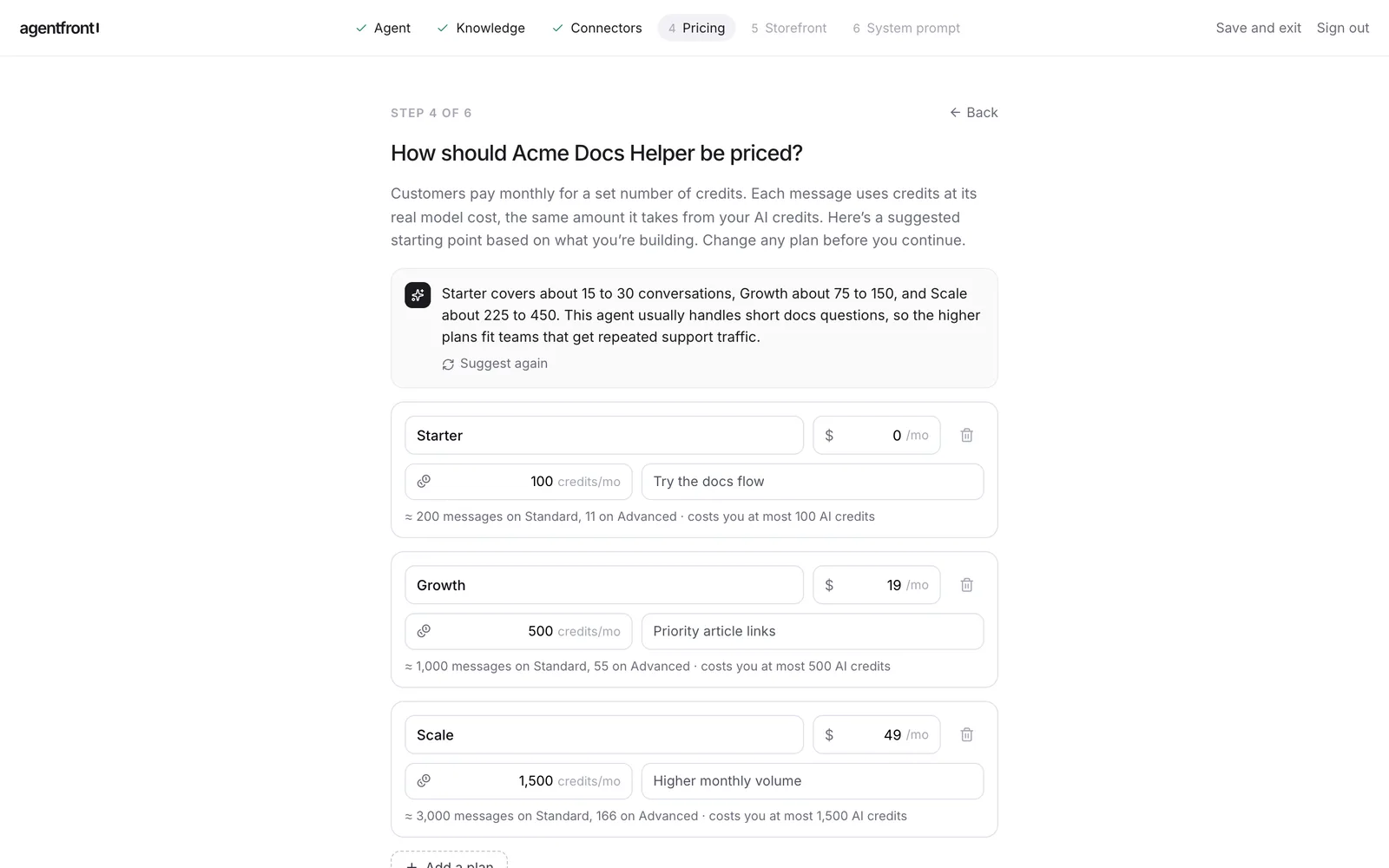 Step 4: three suggested plans with credits per month