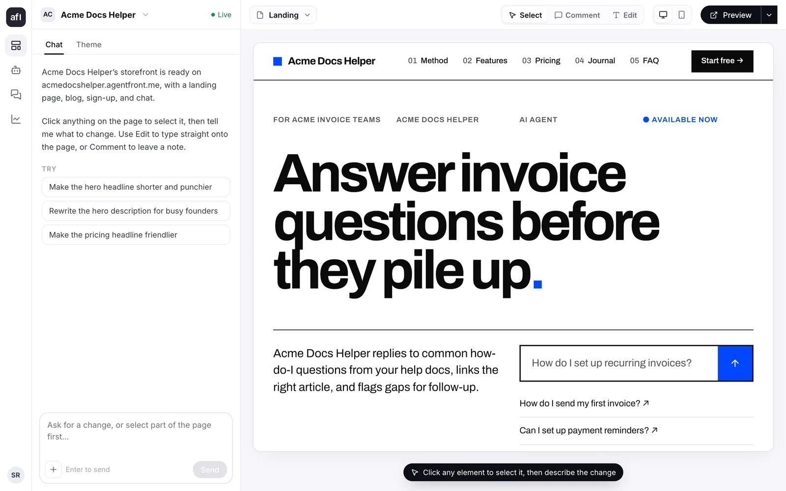 The dashboard's storefront editor