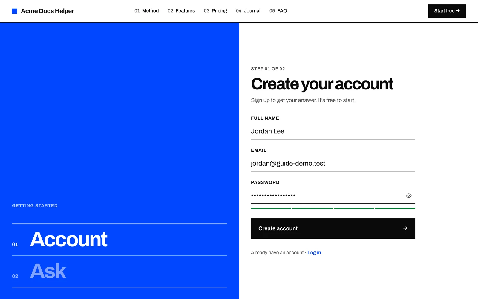 The customer sign-up form