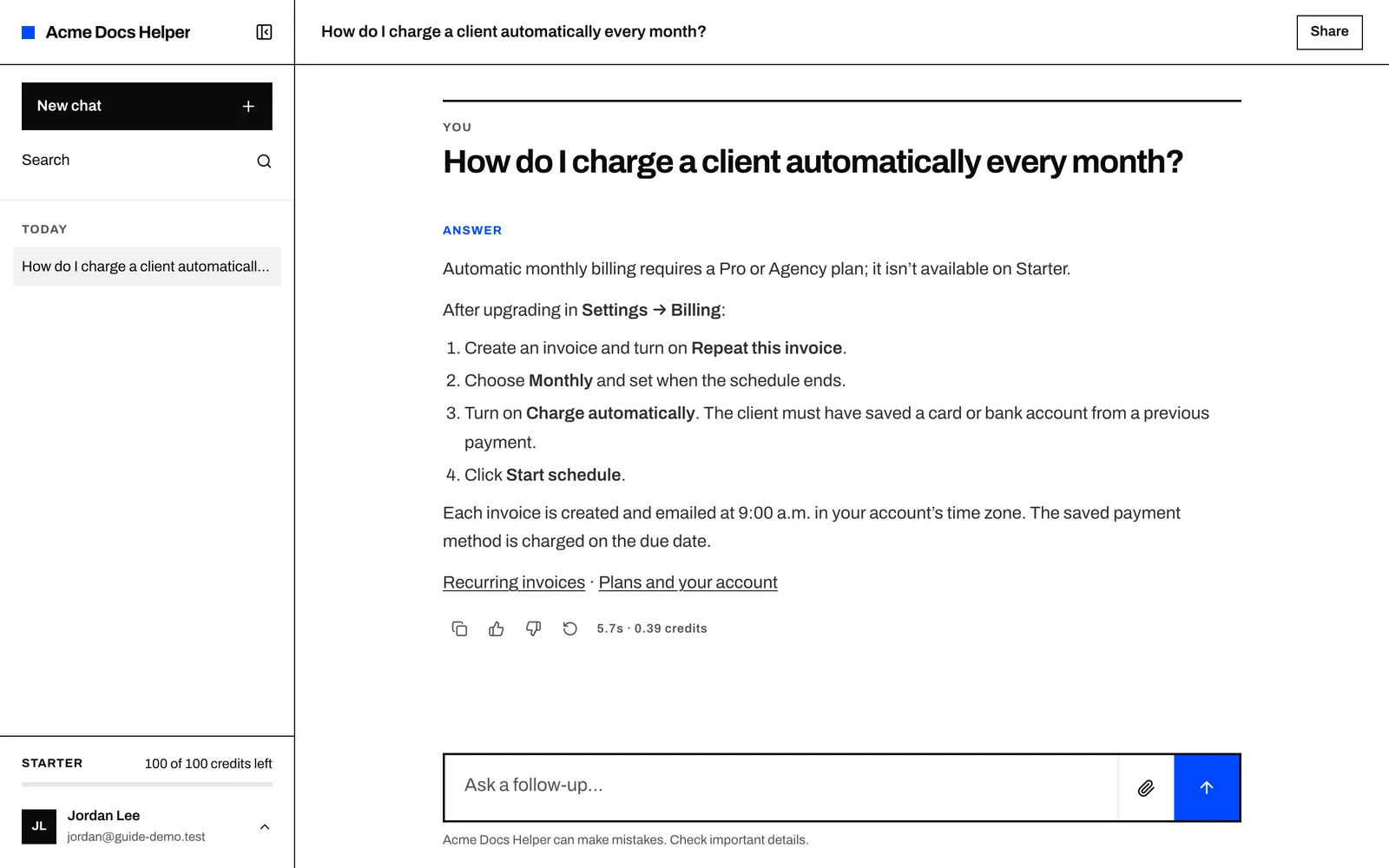 The agent answers with steps and links the help articles it used