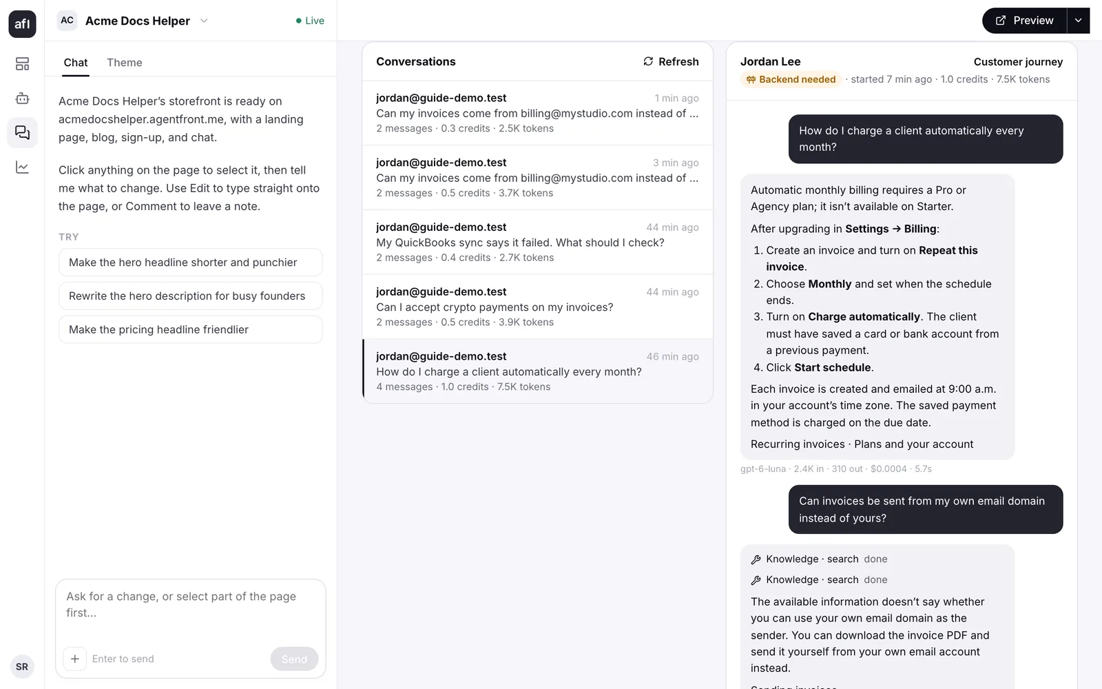 The creator's conversation list with a full transcript open
