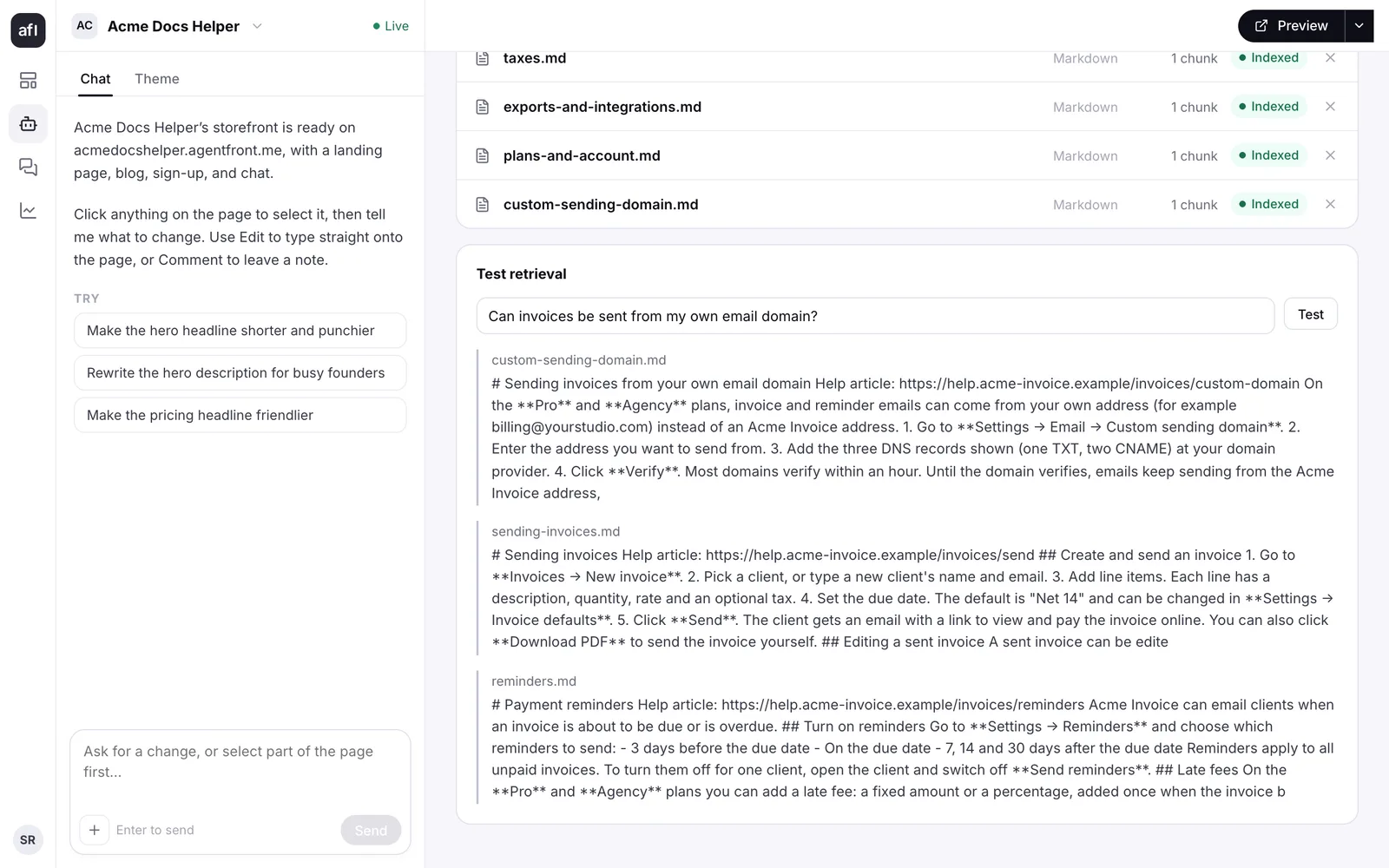 The new article added, and Test retrieval returning it first