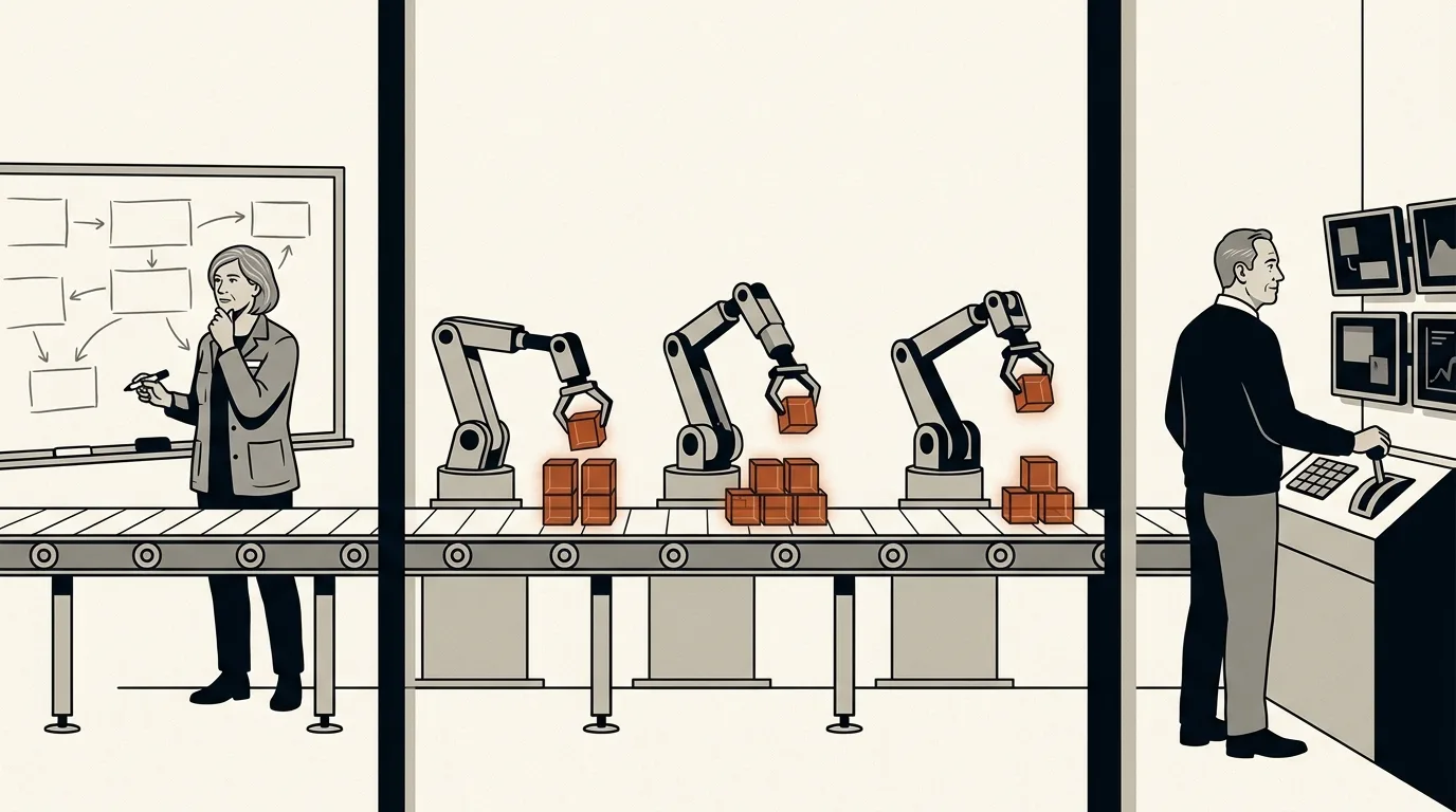 Illustration: a conveyor belt with a person sketching at a whiteboard on the left, robotic arms assembling glowing cubes alone in the middle, and a person watching monitors with a hand on a lever on the right