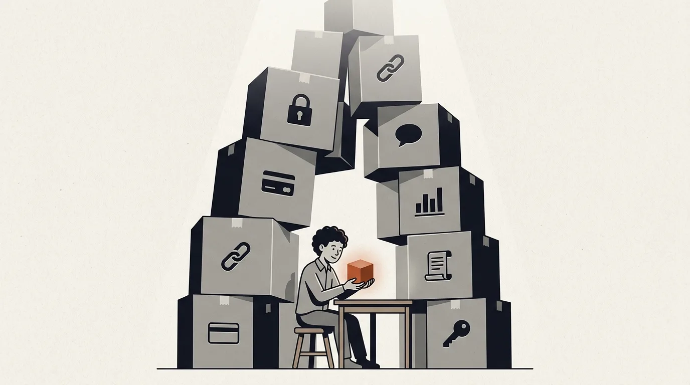 Illustration: an engineer at a small desk holding one glowing cube, dwarfed by a leaning tower of grey boxes stamped with a padlock, a credit card, chain links, a speech bubble, a bar chart, a scroll, and a key