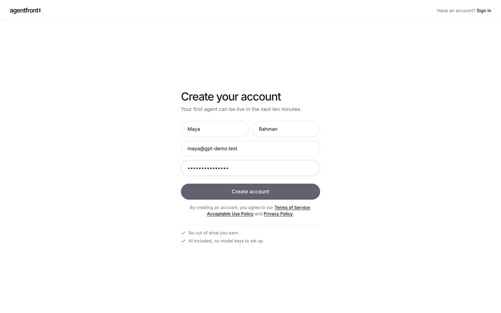 The AgentFront sign-up form