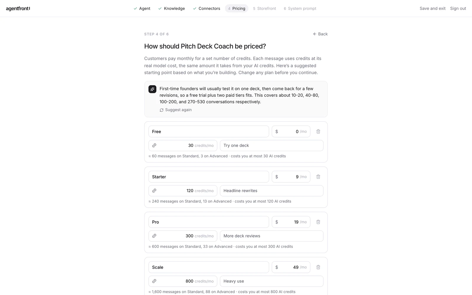 Suggested plans for the migrated GPT: a free tier and three paid tiers, each with a credit allowance and what it costs you