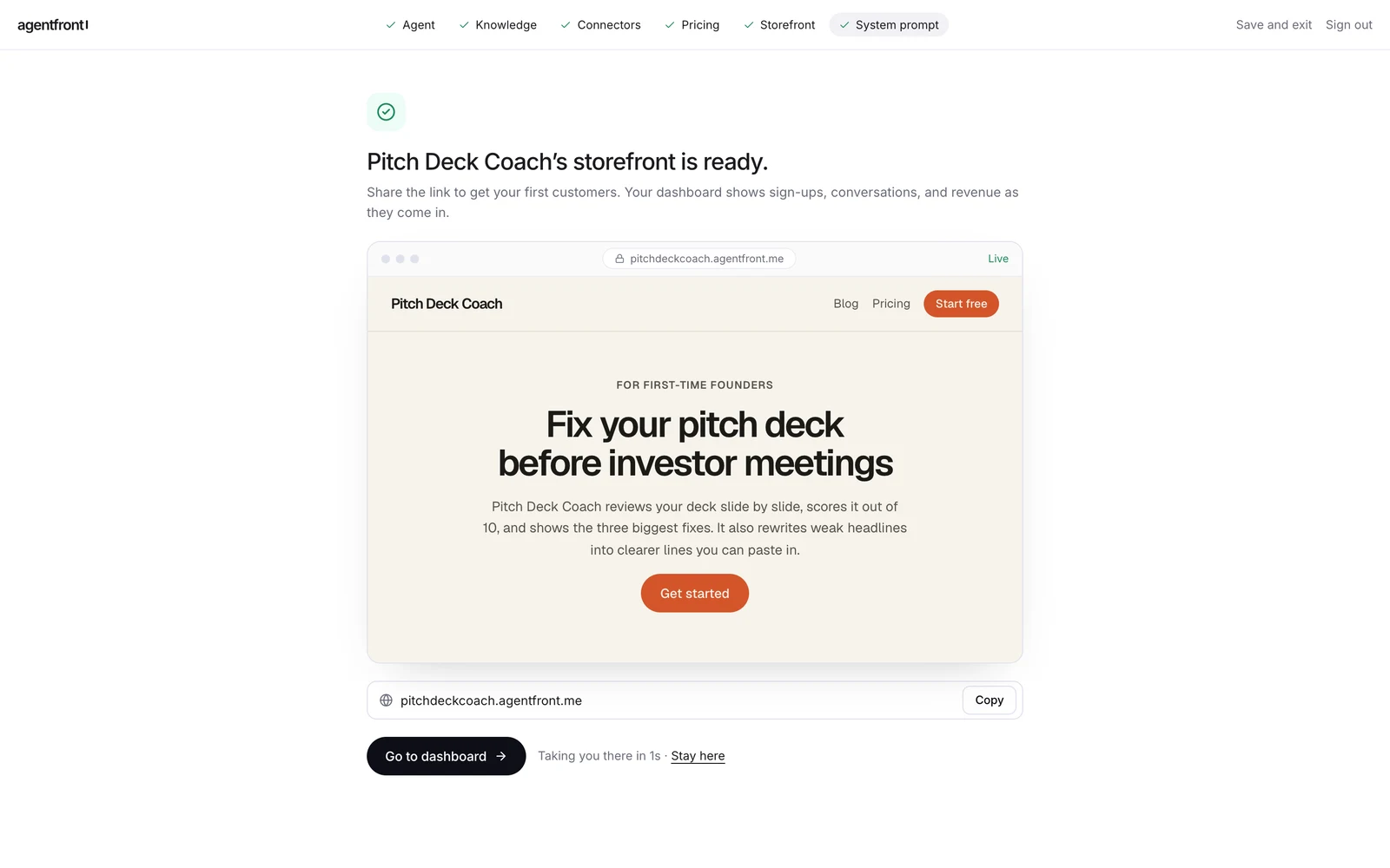 The storefront is live on its subdomain, with the drafted landing page in the chosen template