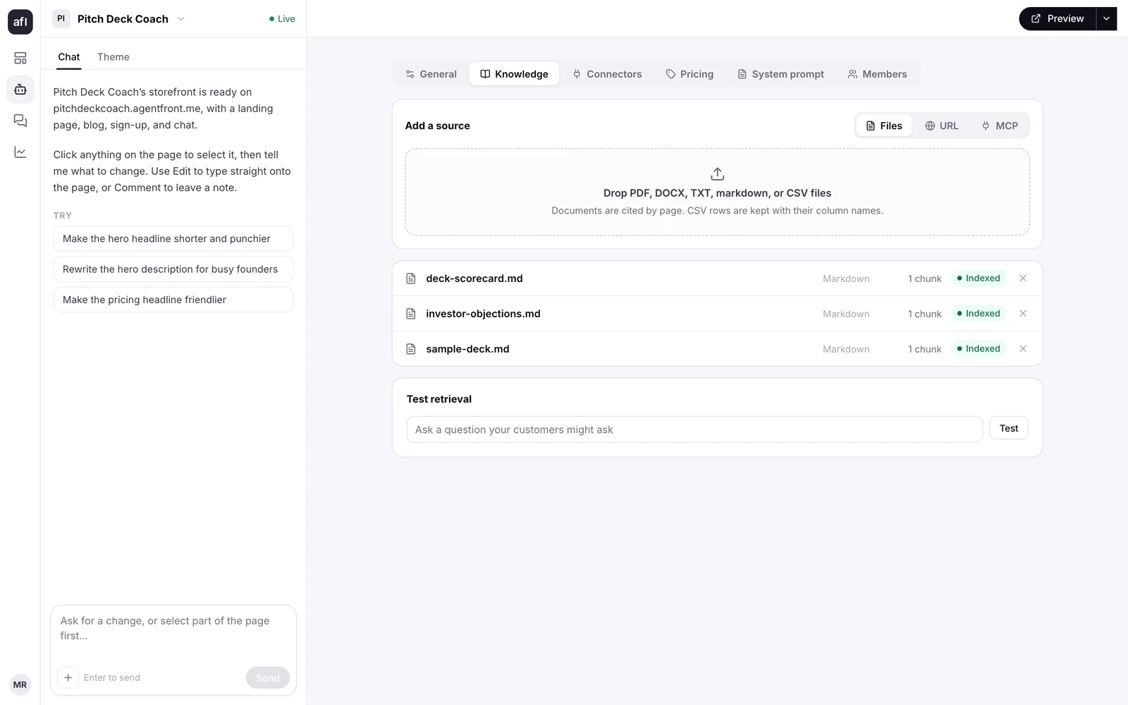 Agent → Knowledge in the dashboard: the same sources, their passage counts, and a retrieval test