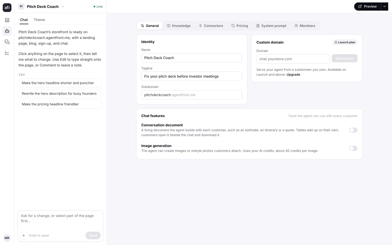 Agent → General: identity, the custom domain card, and the chat feature switches