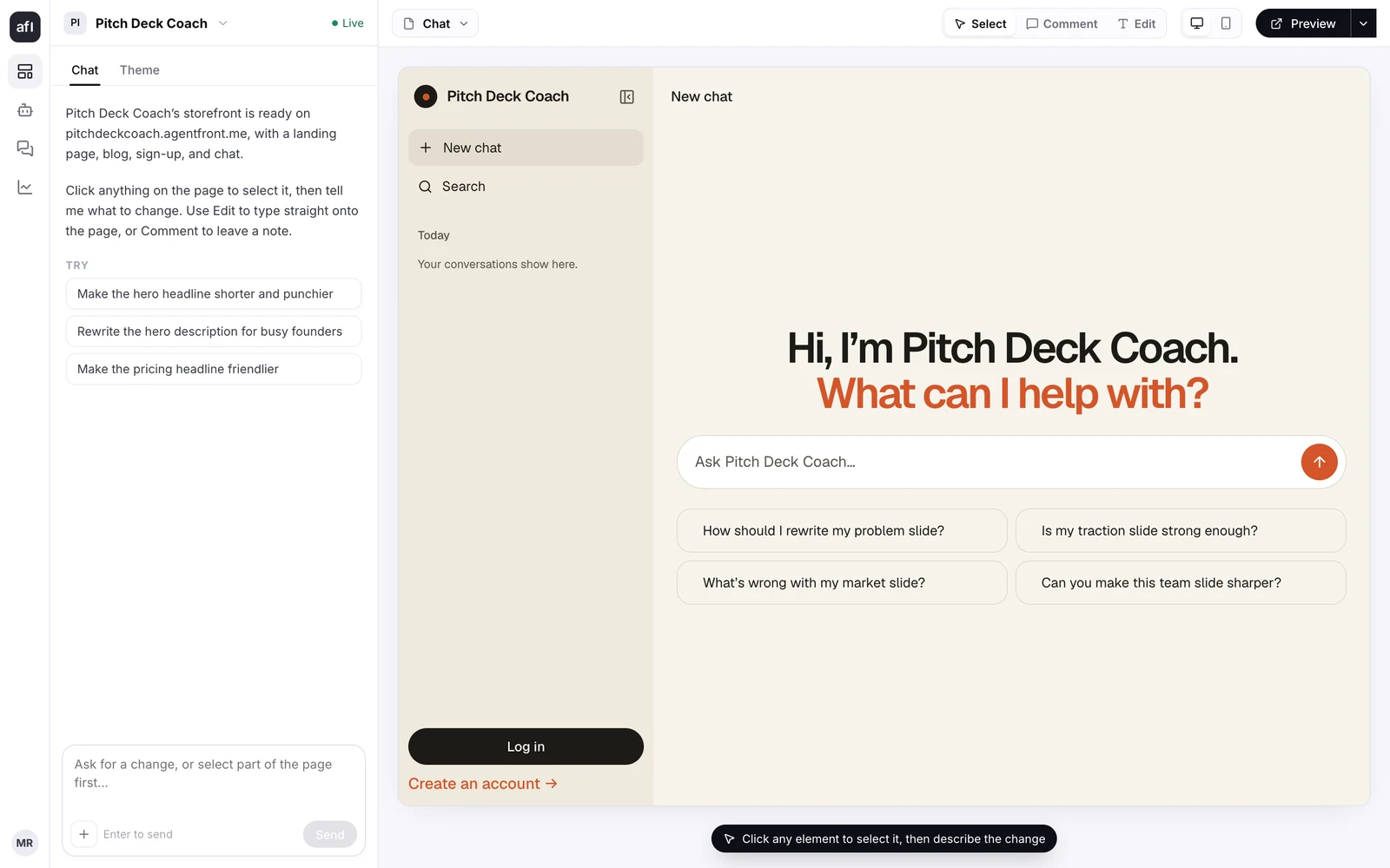 The storefront editor on the chat page, where the starter questions live