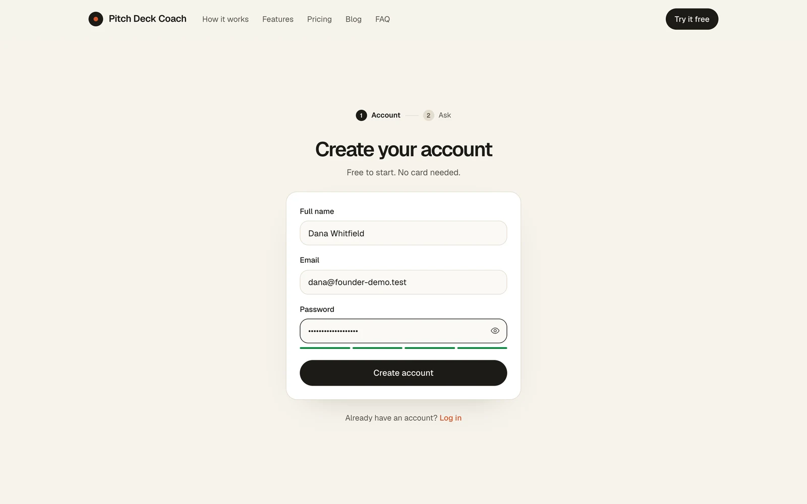 Customer sign-up: free to start, no card