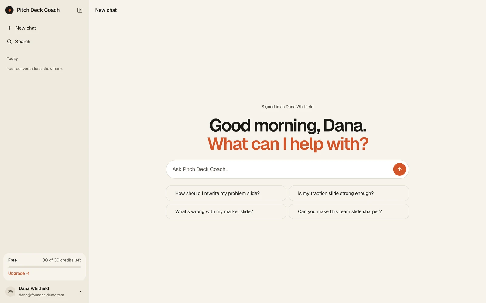 The customer chat home with the starter questions and the free plan meter