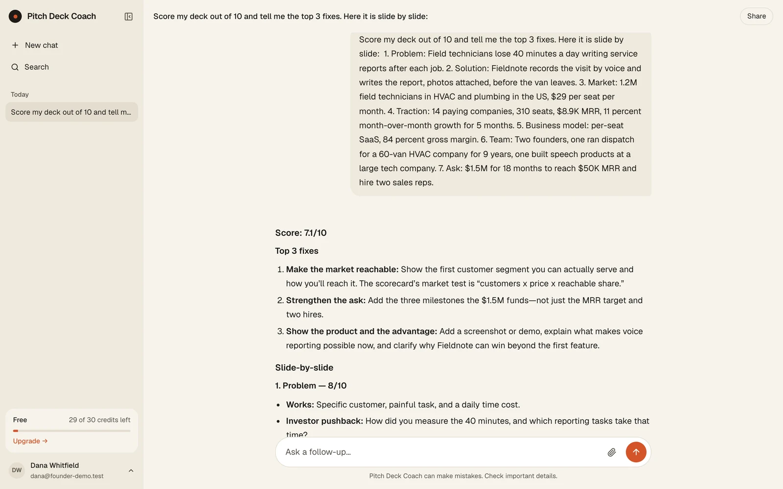 A real answer: the deck scored, the three fixes first, and the rules quoted from the knowledge files